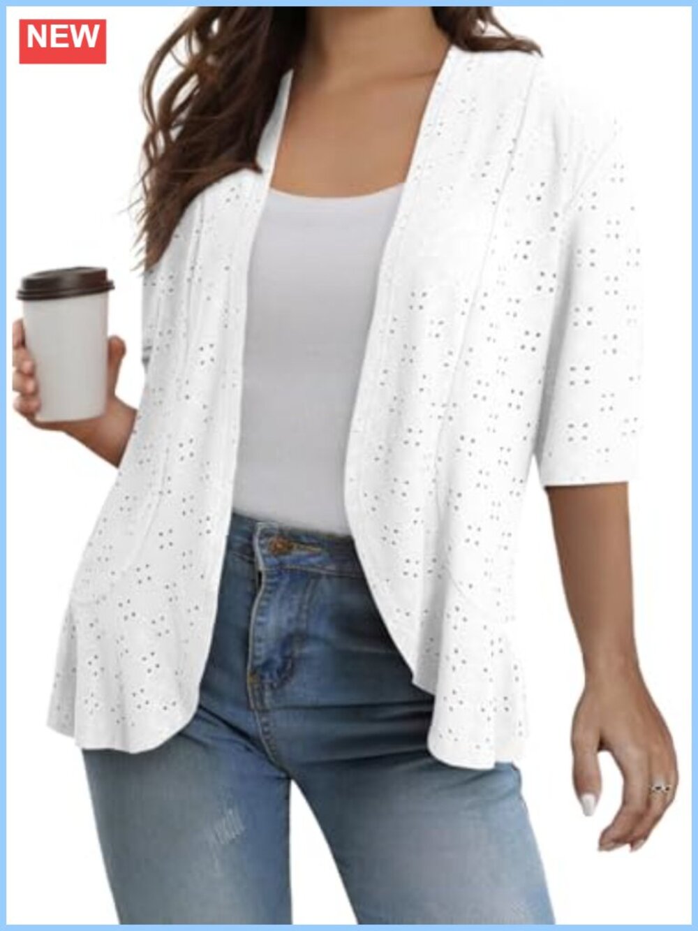 Plus Size Netted Knit Ruffle Kimono Cardigan Half Sleeve Cover Up